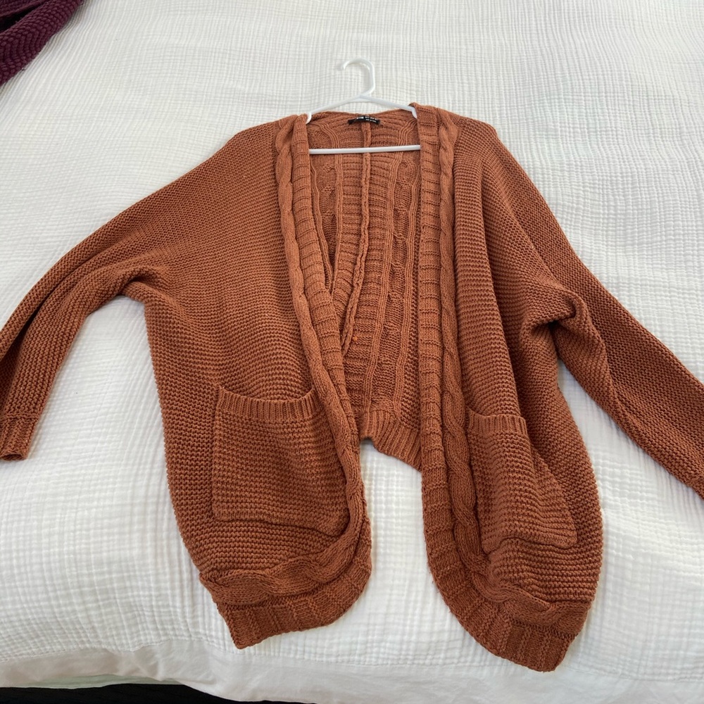 Oversized burnt orange/brown cardigan, barely worn, cute detailing